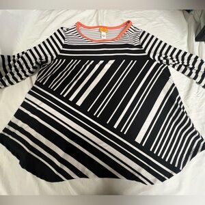 RUBY ROAD WOMEN’S BLACK & WHITE STRIP TOP W/PALE ORANGE TRIM  3/4 SLEEVE SIZE 1X